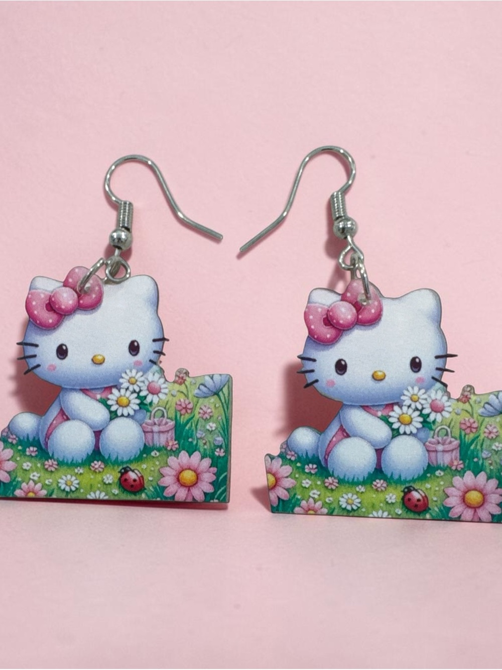 Cute Kitty Floral Drop Earrings - Pink Bow